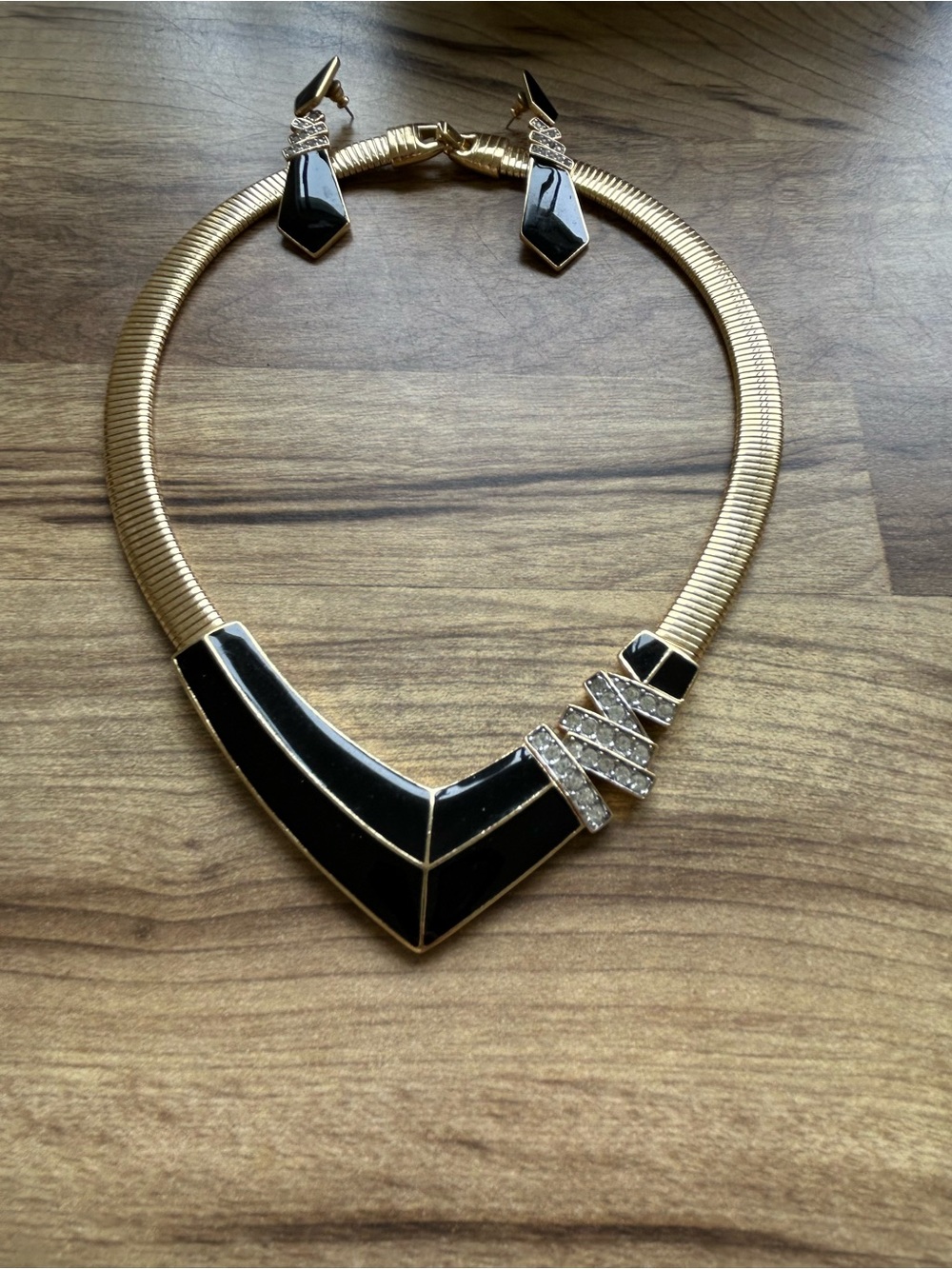 Trifari Gold-Tone Necklace and Earrings Set with Black Enamel and Clear Crystals